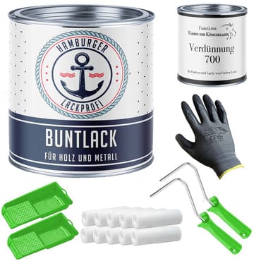 Hamburger Lack-Profi Lacke & Beschichtungen Hamburger Lack-Profi Buntlack in Verkehrsblau RAL 5017 mit Lackierset (X300) & Verdünnung (1 L) - 30% Sparangebot