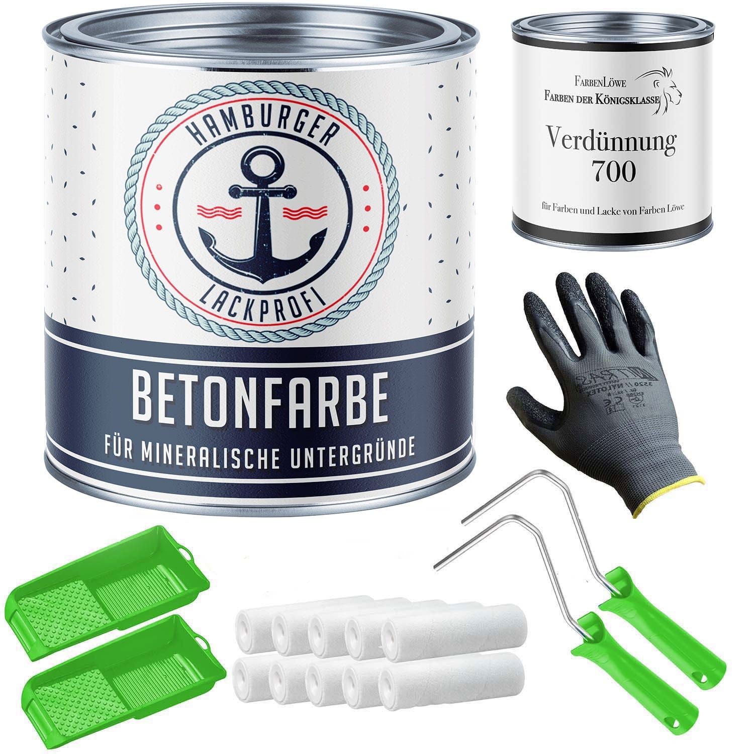 FARBENLÖWE Lacke & Beschichtungen Hamburger Lack-Profi Betonfarbe Blaugrau RAL 7031 mit Lackierset (X300) & Verdünnung (1 L) - 30% Sparangebot