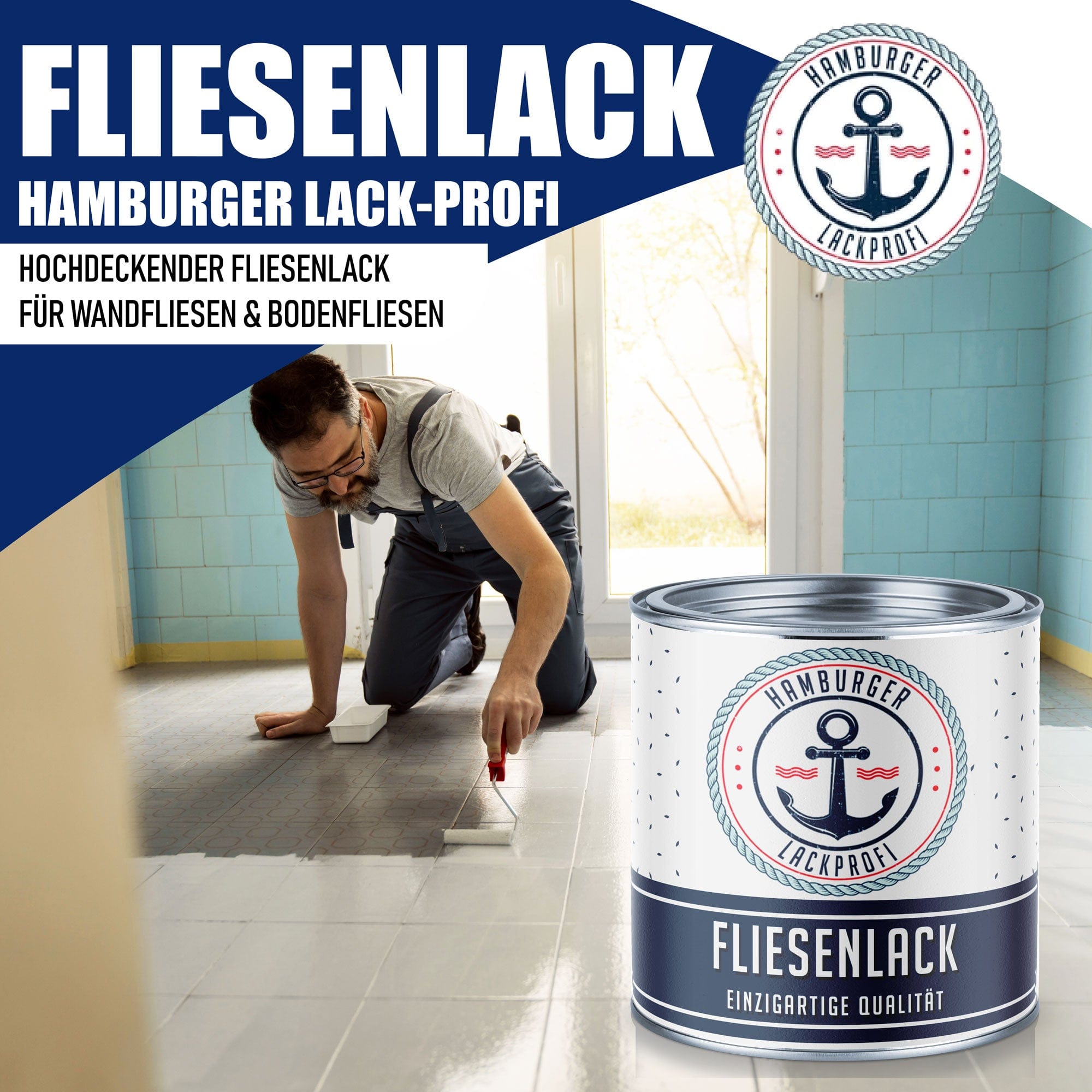 Hamburger Lack-Profi Fliesenlack in Verkehrsblau RAL 5017 mit Lackierset (X300) & Verdünnung (1 L) - Fliesenfarbe 30% Sparangebot