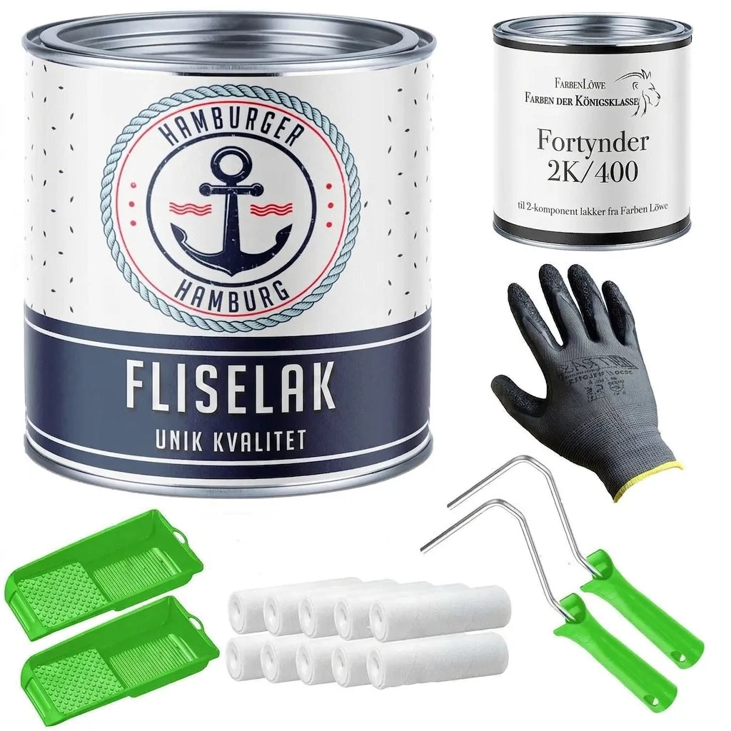Komplet sæt til flisemaling: flisemaling, fortynder, malerruller, malerbakker og arbejdshandske.