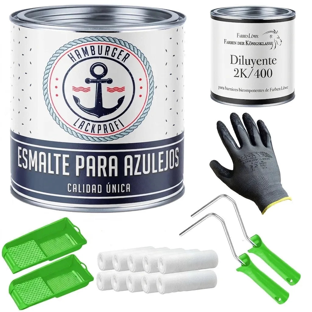 Set de pintura para azulejos: laca Hamburger Lackprofi, diluyente, rodillos, bandejas y guante.