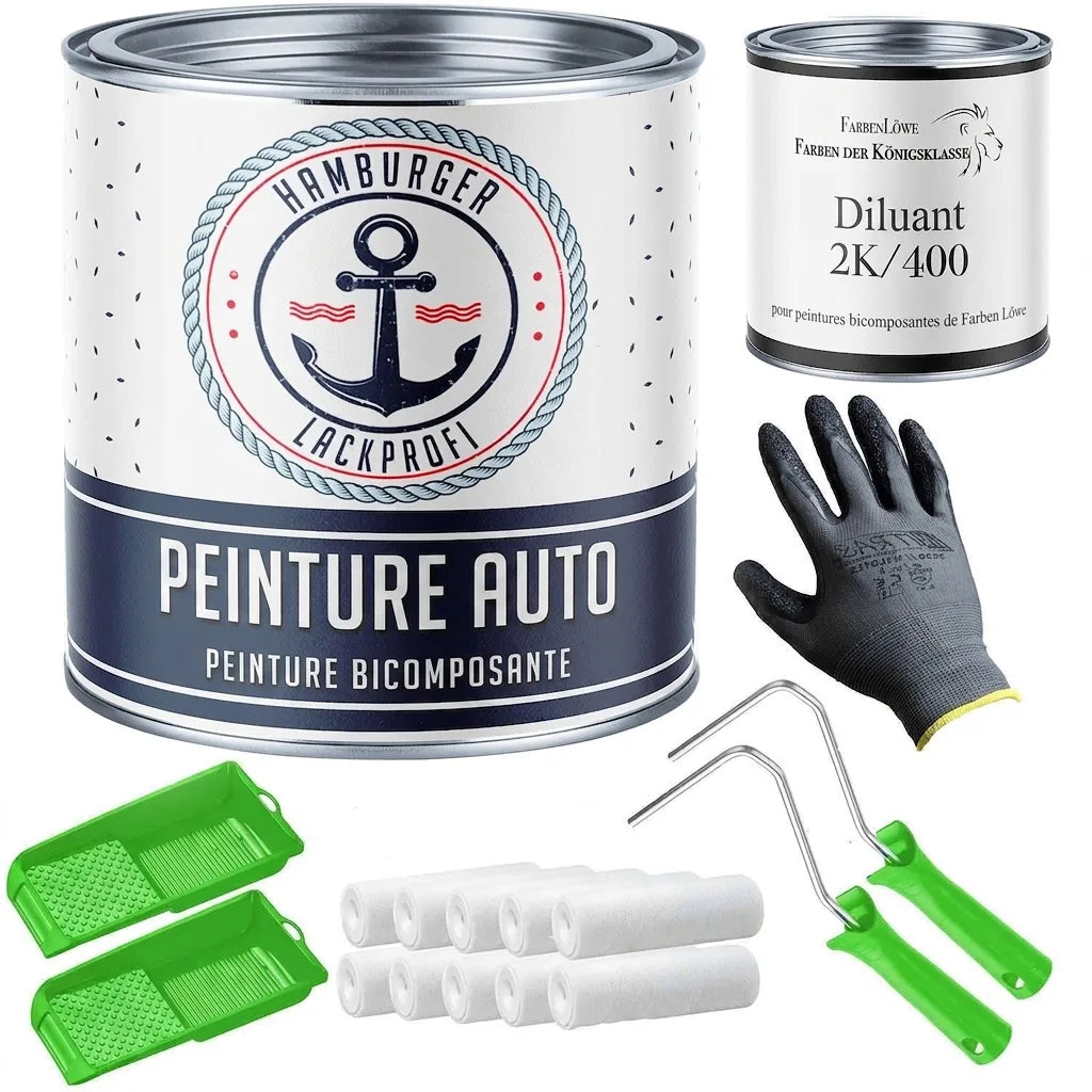 Kit de peinture automobile : pot de peinture auto 2K, diluant, gants, 8 rouleaux, 2 montures, 2 bacs.