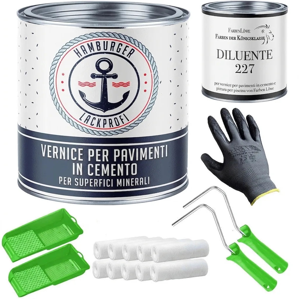 Kit vernice per cemento: barattolo di pittura, diluente, guanti, rulli e vaschette, accessori pittura