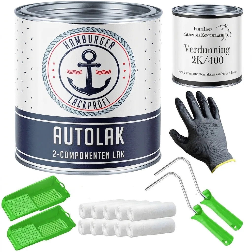Complete 2K autolak set met lak, verdunning, verfrollers, verfbakjes en handschoen.