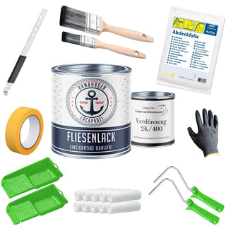Fliesenfarbe in Verkehrsweiß RAL 9016 - Fliesenlack mit Lackierset (X500) - Hamburger Lack-Profi