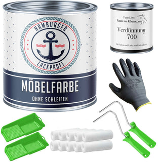 Pintura para muebles en set completo - Laca para muebles sin lijar incl. rodillo y disolvente - Hamburger Lack-Profi