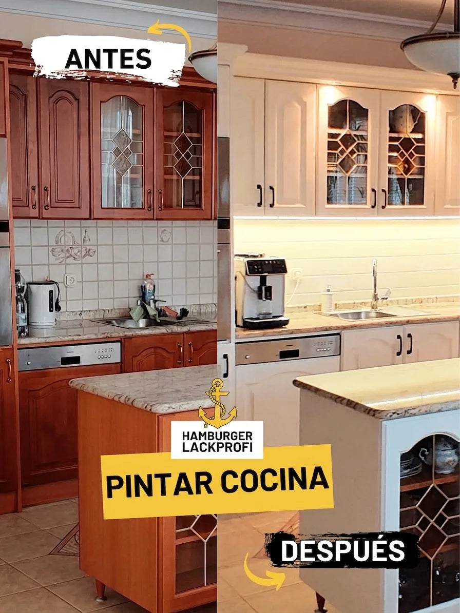 Cocina antes y después de ser pintada. El texto en alemán dice 'Antes', 'Pintar Cocina' y 'Después'.