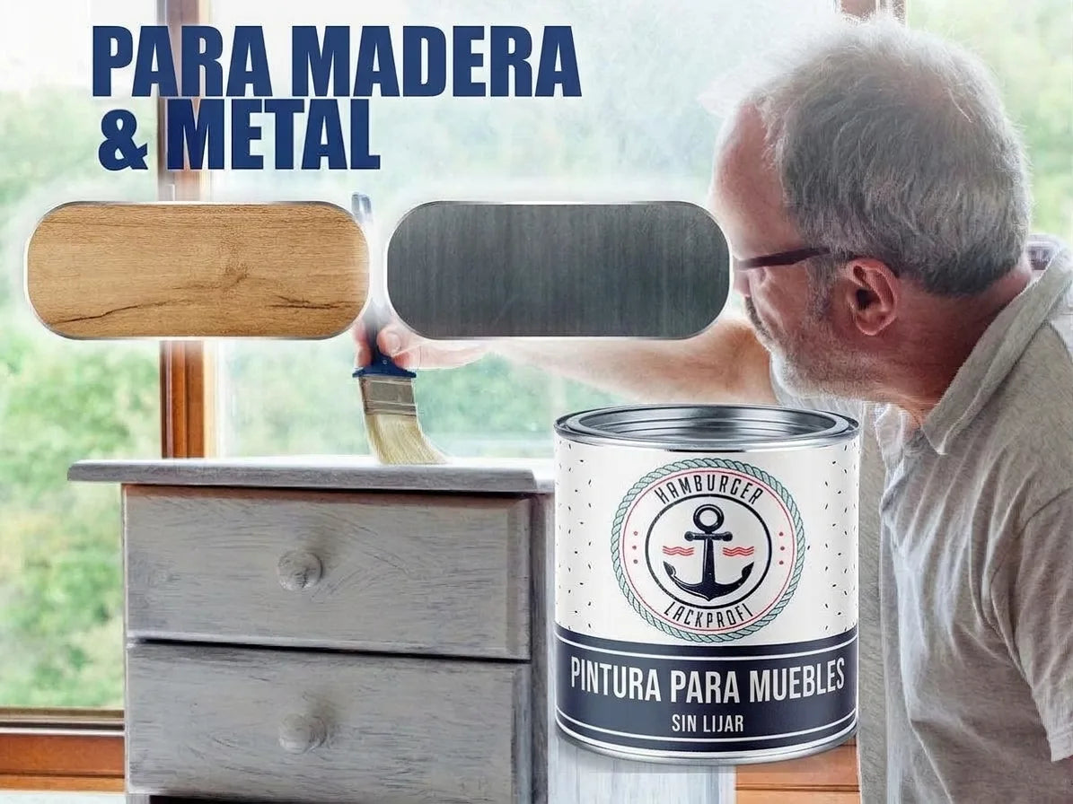 Hombre pintando mueble con pintura blanca, can 'Hamburger Lackprofi' para madera y metal, sin lijar.