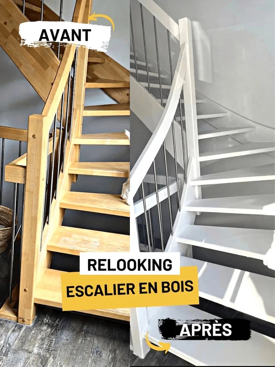 Rénovation d'escalier en bois : avant (bois naturel) et après (blanc éclatant) pour un intérieur moderne et lumineux.
