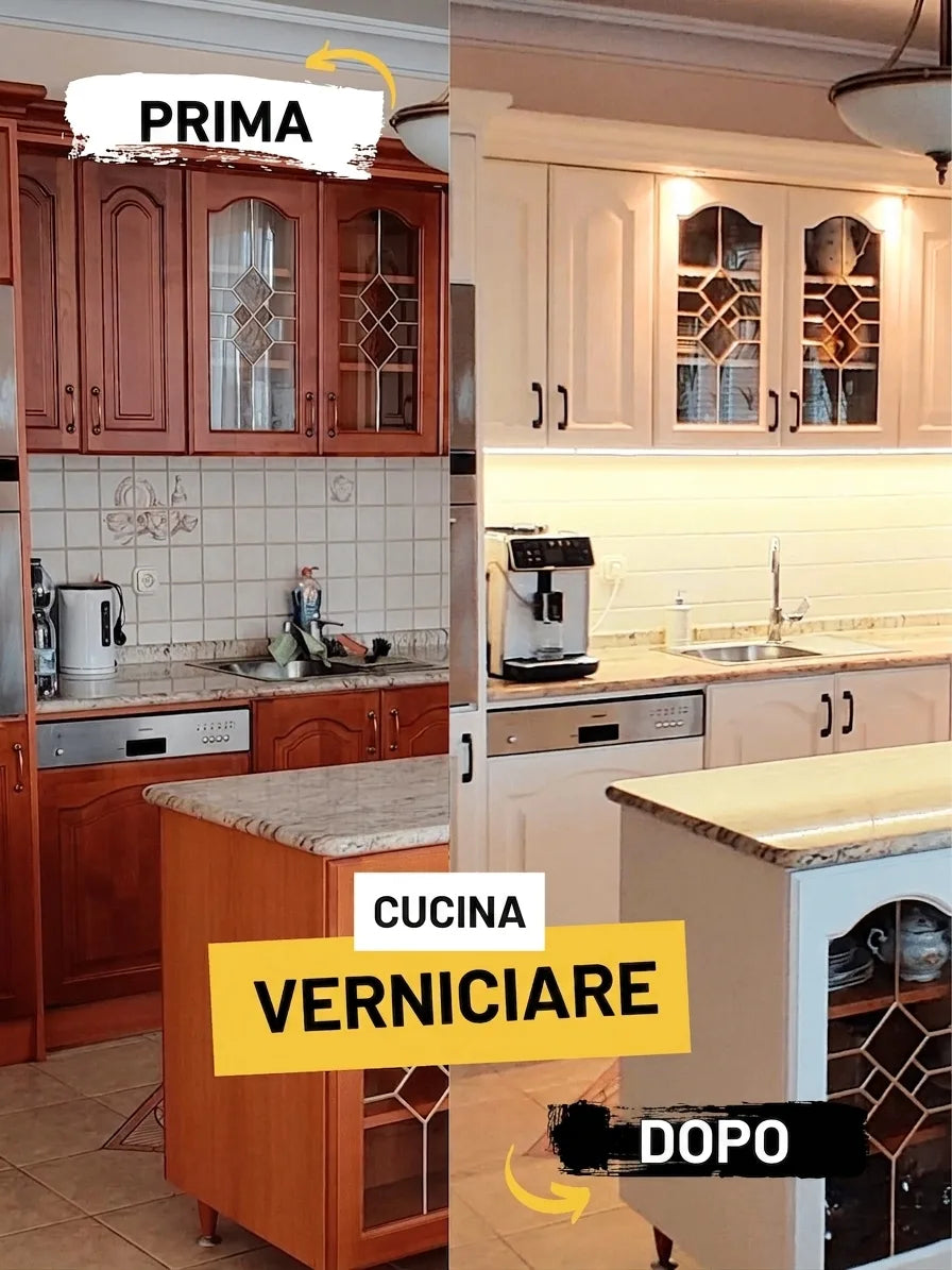 Trasformazione cucina: prima mobili in legno scuro, dopo riverniciati di bianco moderno.