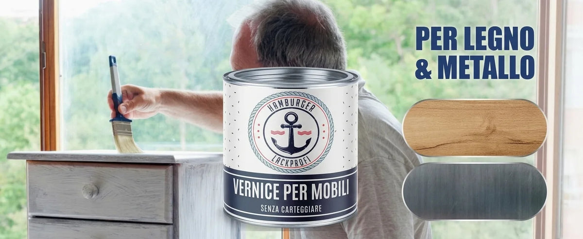 Uomo vernicia un mobile con pittura Hamburger Lack-Profi per legno e metallo, senza carteggiatura.