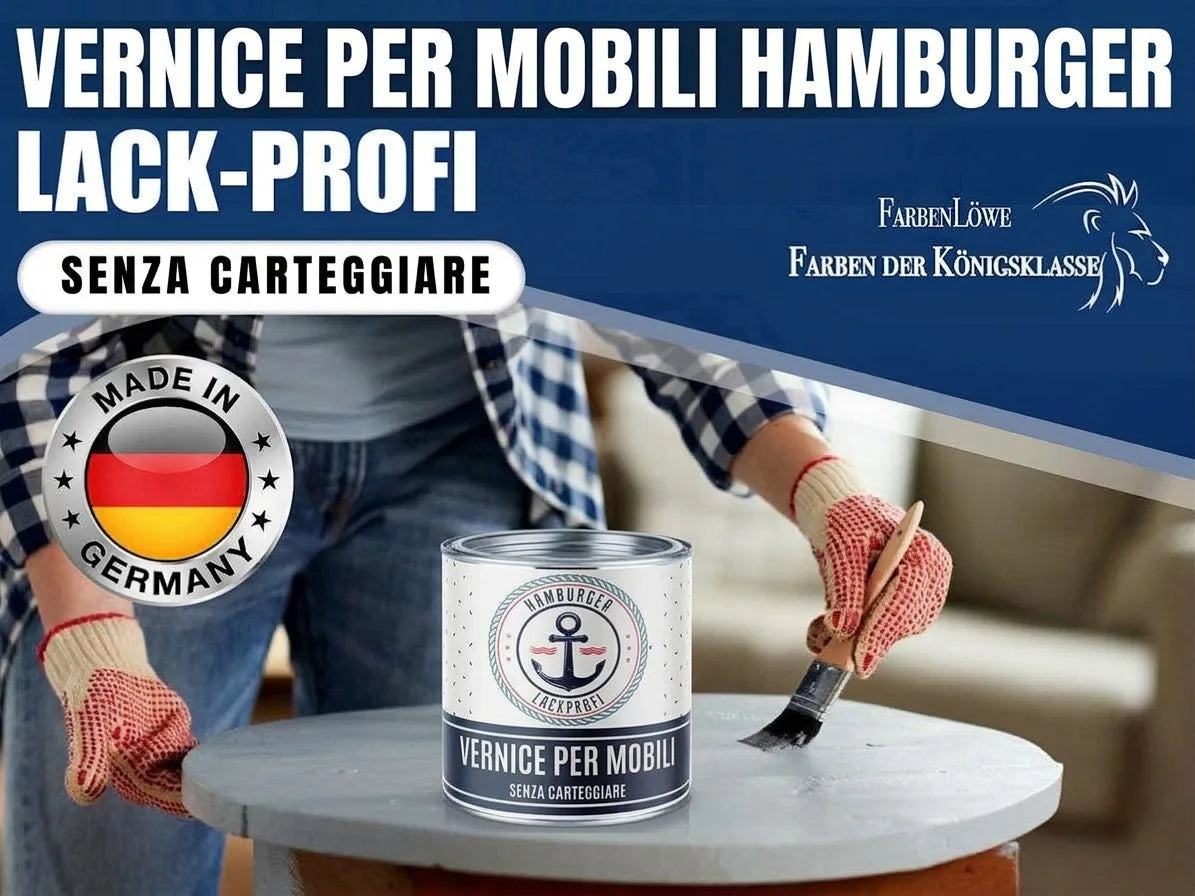 Vernice per mobili Hamburger Lack-Profi Made in Germany senza carteggiatura, applicata su tavolo.