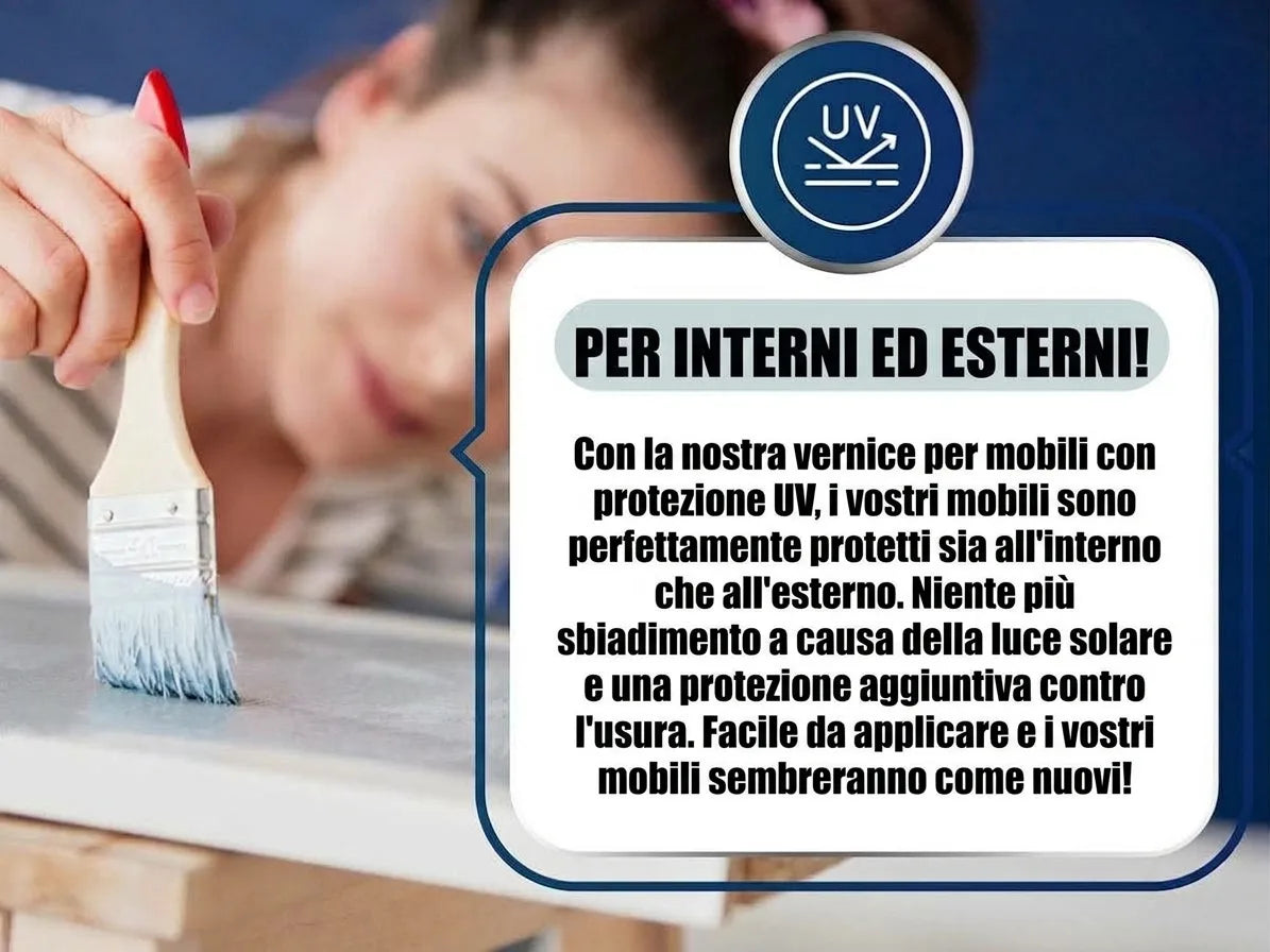 Persona che vernicia mobili con vernice per interni/esterni protetta dai raggi UV.