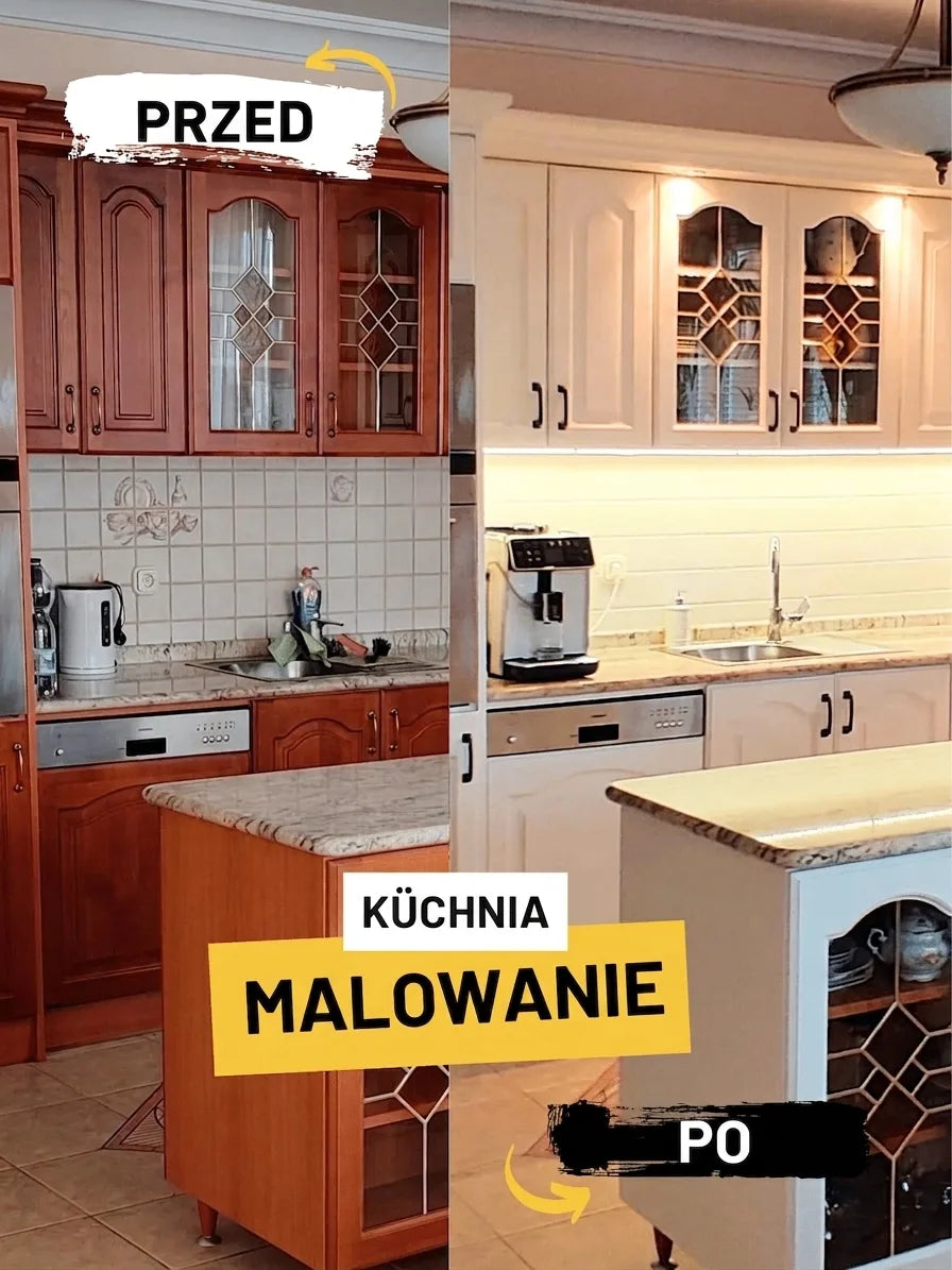 Metamorfoza kuchni: Przed i po przemalowaniu drewnianych szafek na jasny kolor. Kuchnia VORHER i NACHHER.