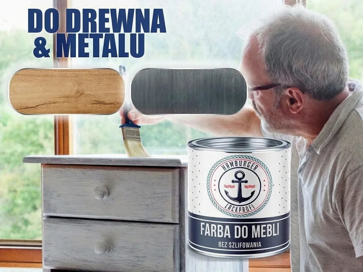 Mężczyzna malujący komodę białą farbą do mebli Hamburger Lack-Profi. Farba do drewna i metalu, bez szlifowania.