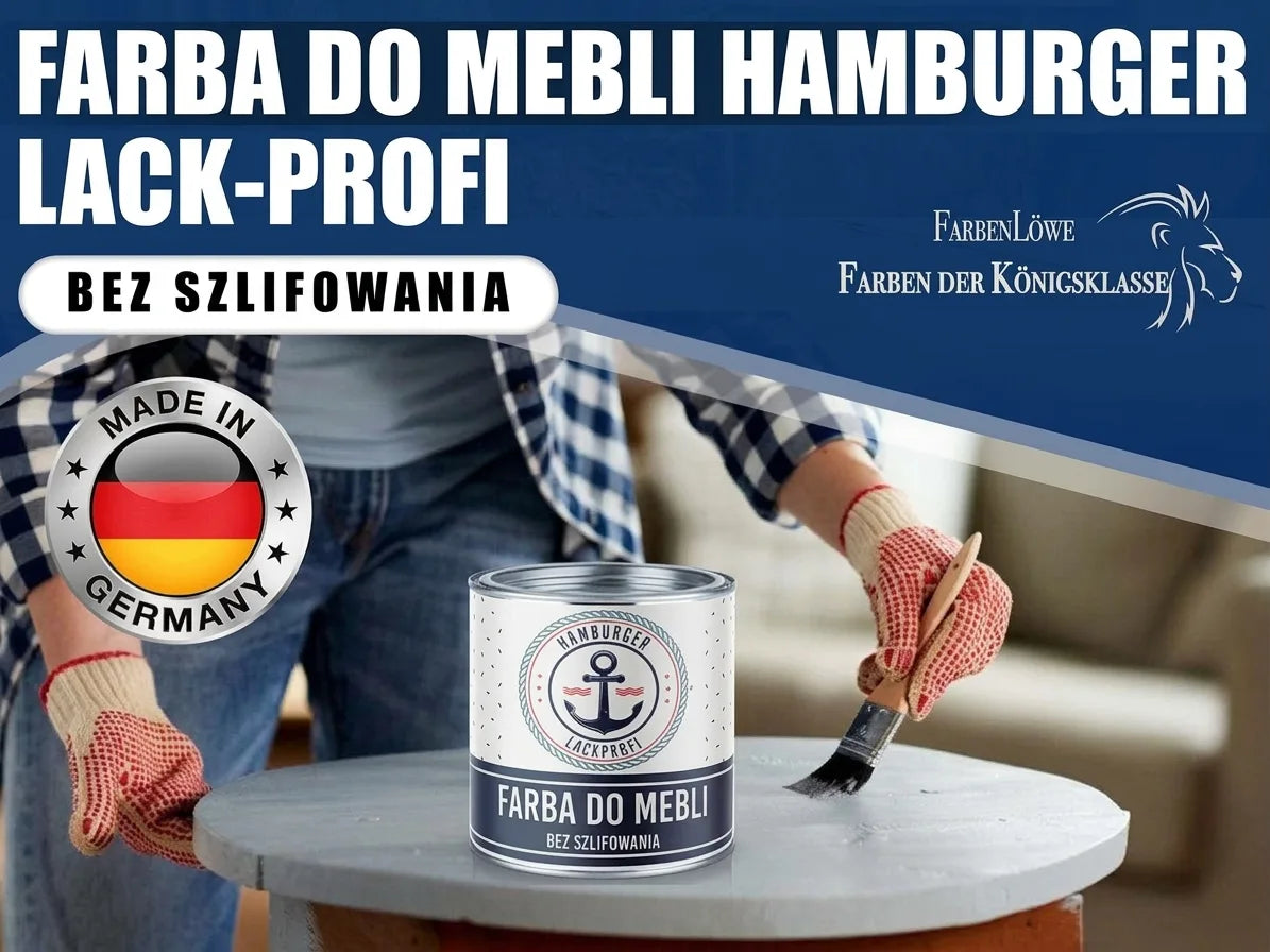 Osoba malująca stół farbą do mebli Hamburger Lack-Profi Made in Germany. Farba bez szlifowania.