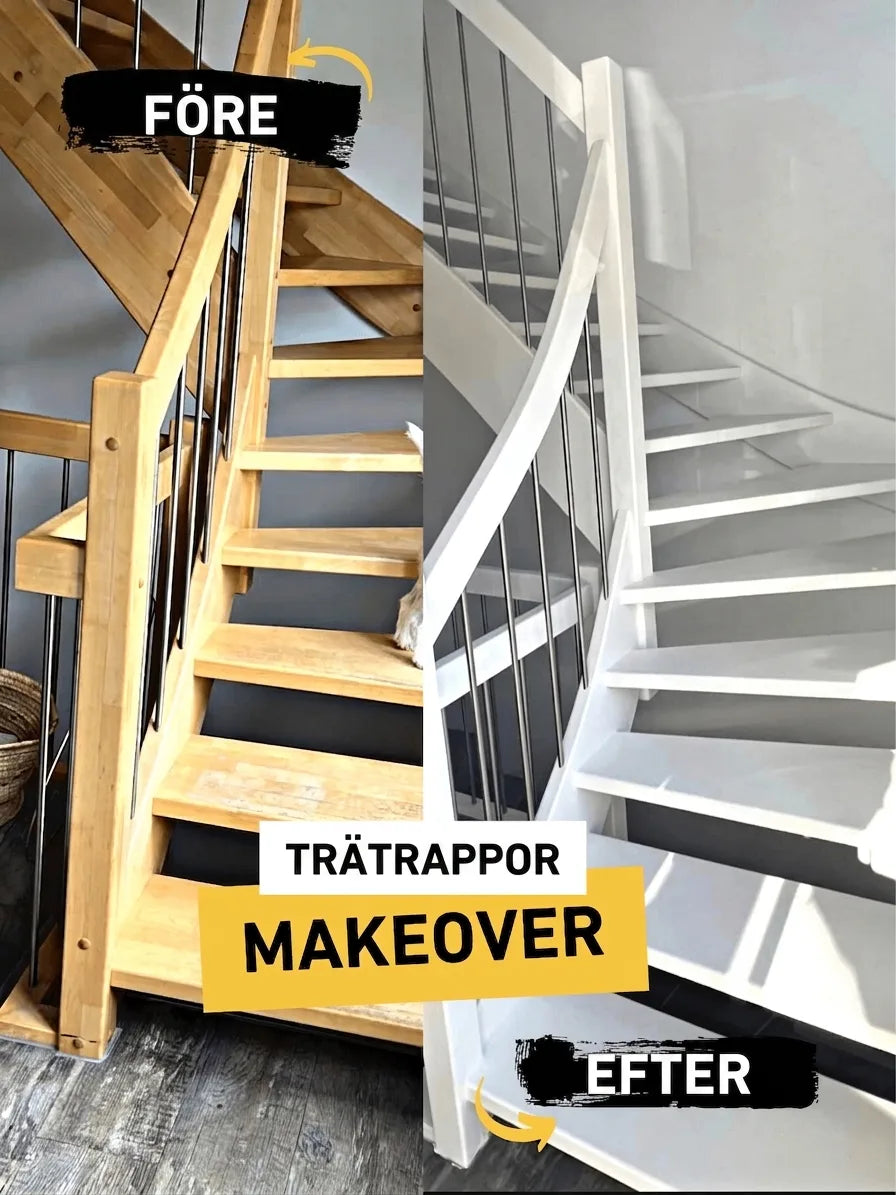 Före och efter bild på en trätrapprenovering, där en trätrappa förvandlats till en modern vit trappa.