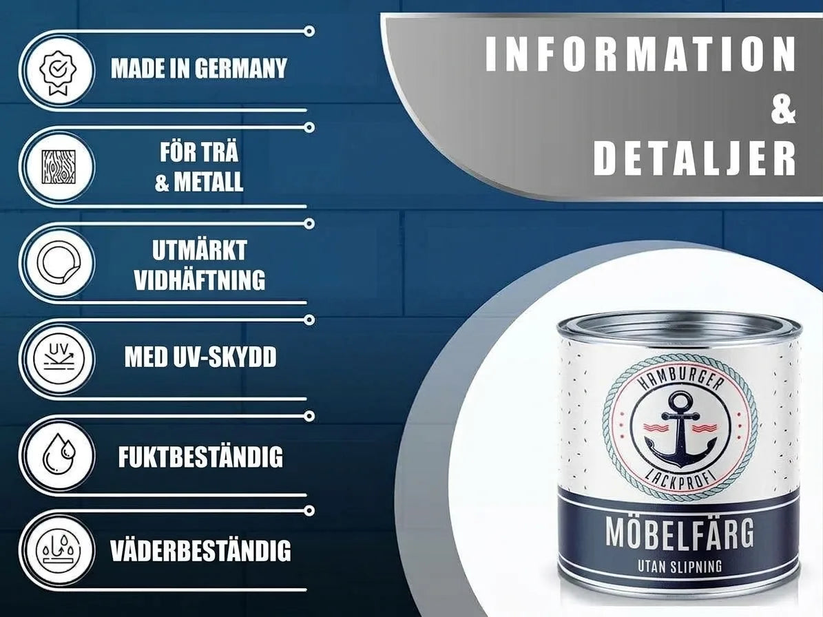 Möbelfärgsinformation: Made in Germany, för trä & metall, utmärkt fäste, UV-skydd, fukt- & väderbeständig. Burk.