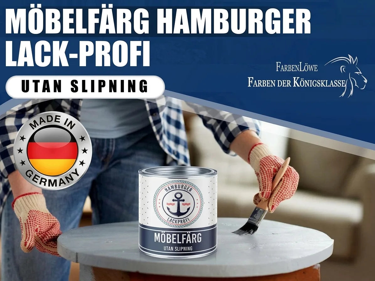 Person målar möbel med 'Hamburger Lack-Profi' möbelfärg utan slipning. 'Made in Germany'.