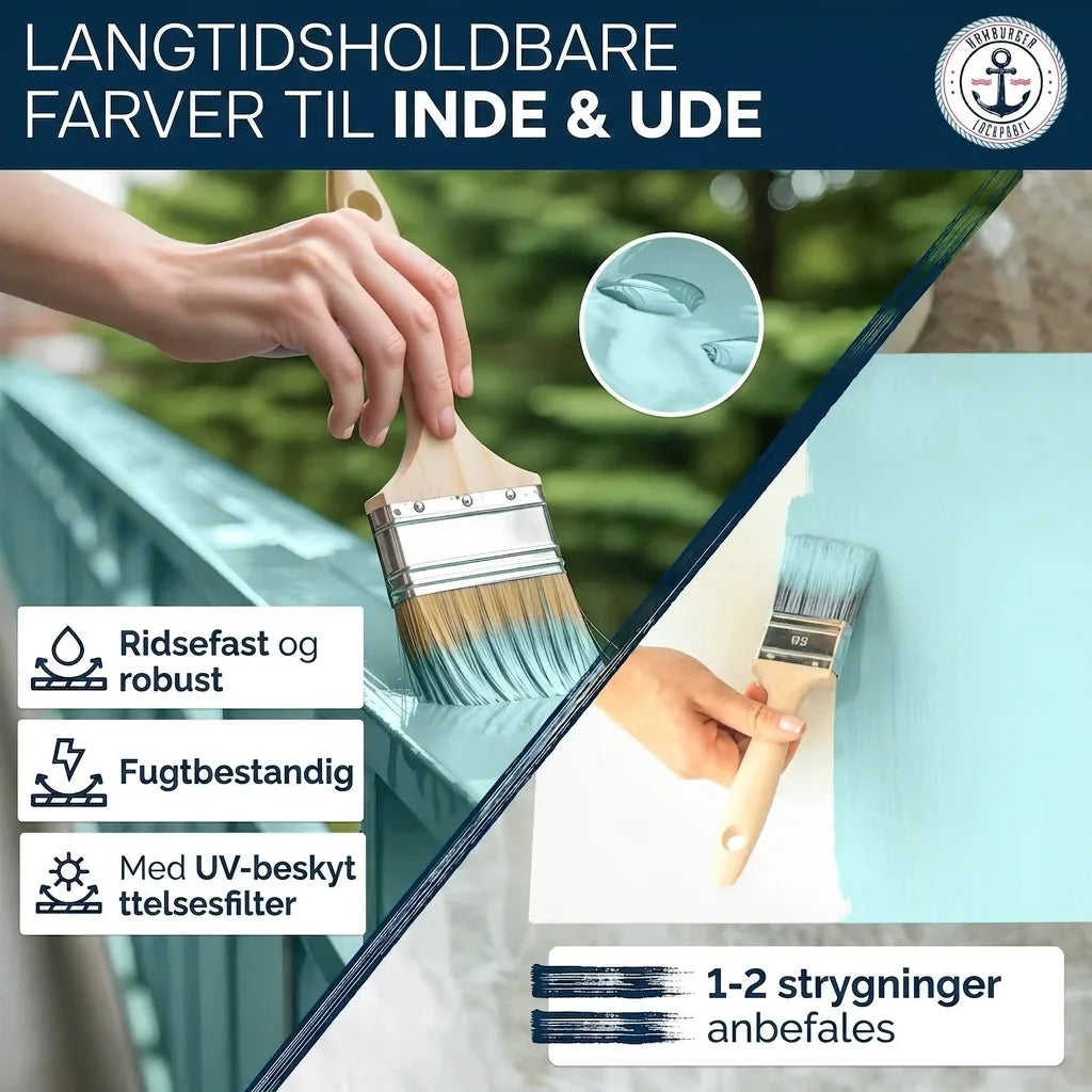 Holdbar maling til inde og ude, påføres med pensel. Ridsefast, fugtbestandig, UV-beskyttet. 1-2 lag anbefales.