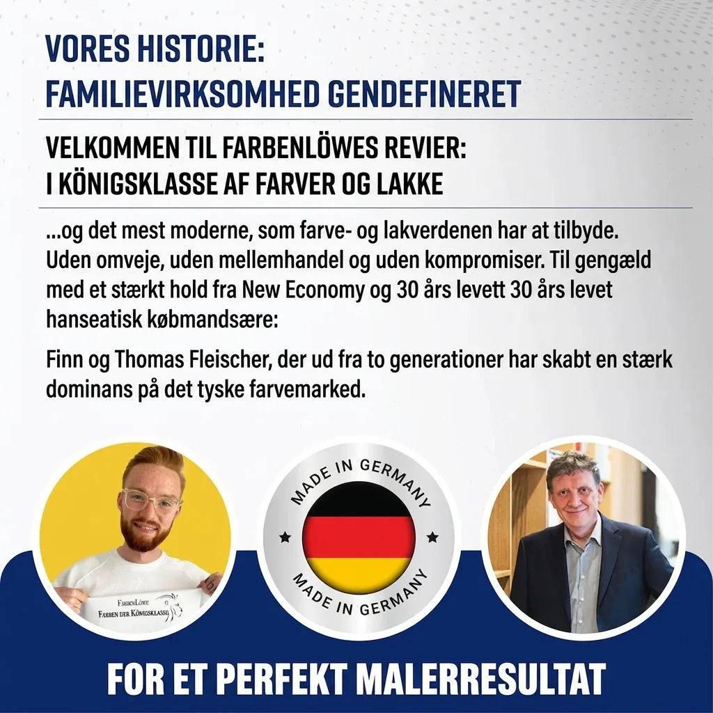 Farbenlöwe: Tysk familievirksomhed med Finn og Thomas Fleischer. Topkvalitets maling og lak, 'Made in Germany'.