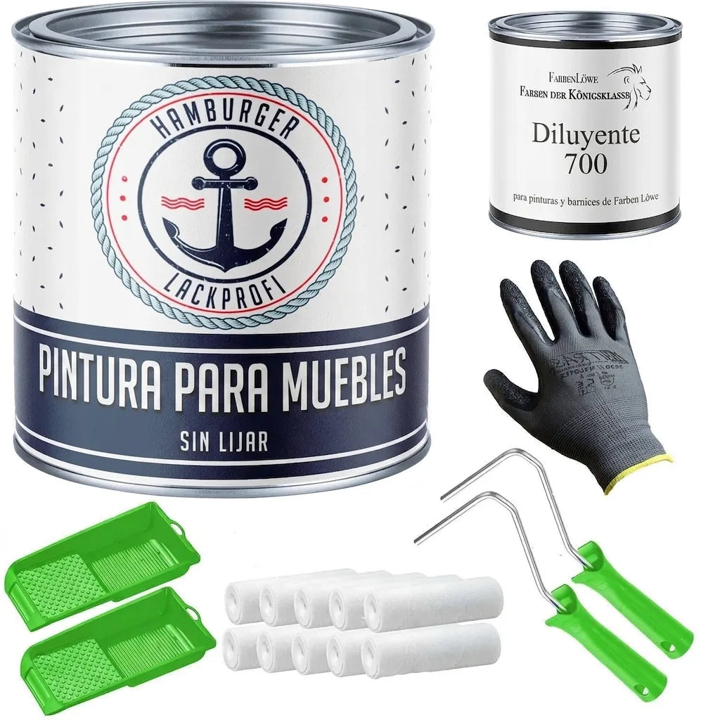 Kit de pintura para muebles con bote de pintura, diluyente, guantes, rodillos y bandejas verdes.