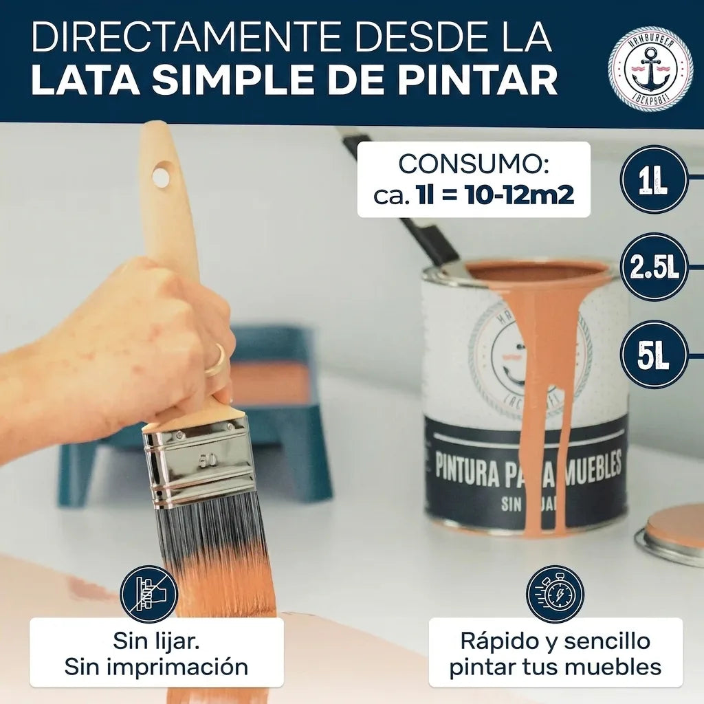 Mano con brocha pintando con pintura color salmón sobre una superficie, junto a una lata de pintura para muebles. Destaca 'Sin lijar. Sin im