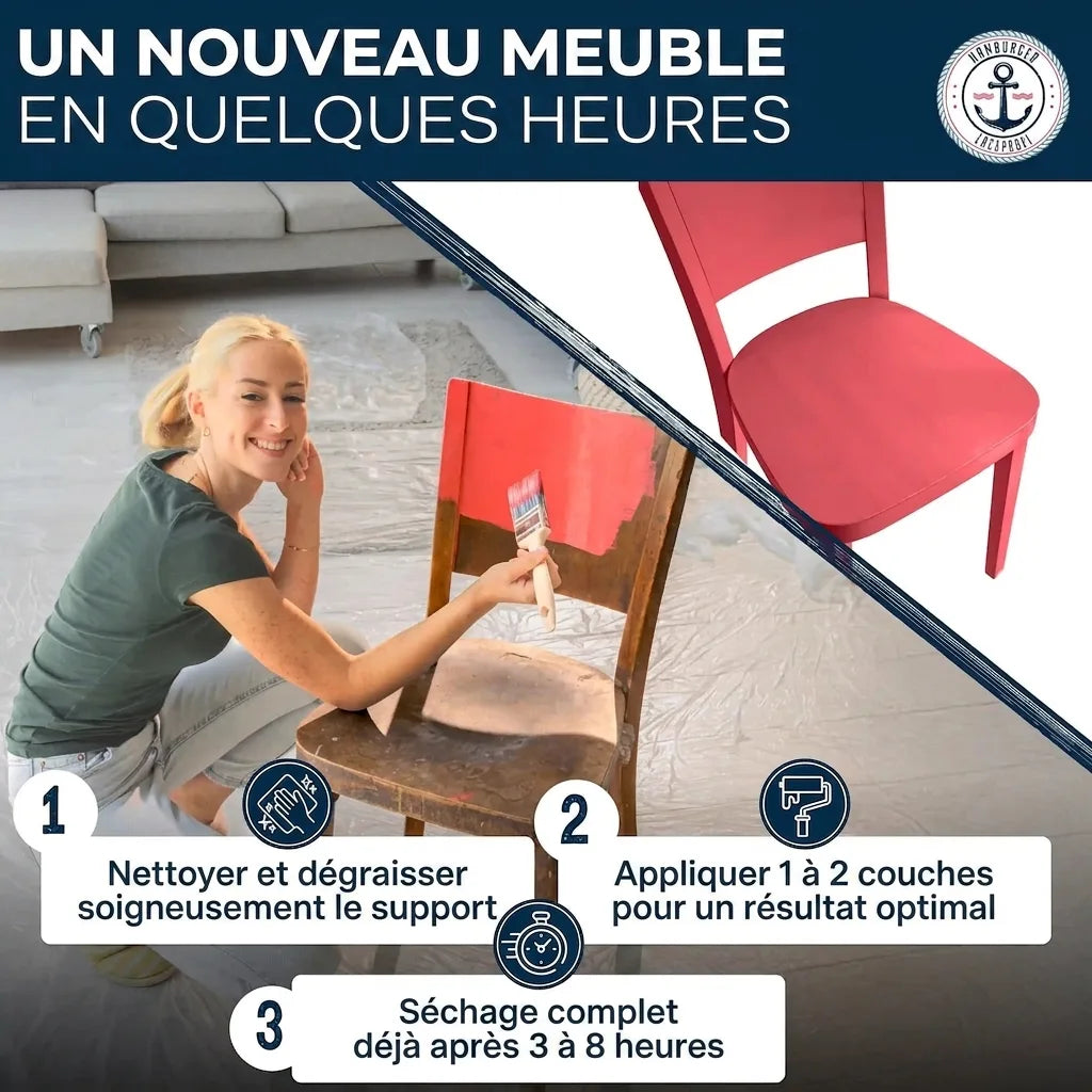 Femme peignant une chaise, montrant la transformation rapide d'un meuble. Instructions incluses.
