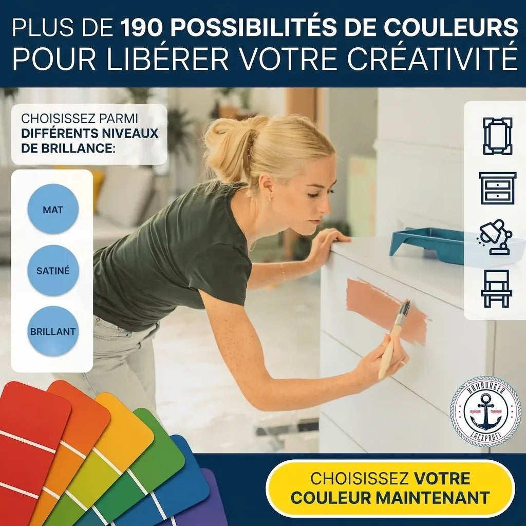 Femme peignant un meuble, offrant +190 couleurs et 3 niveaux de brillance. Choisissez votre couleur !