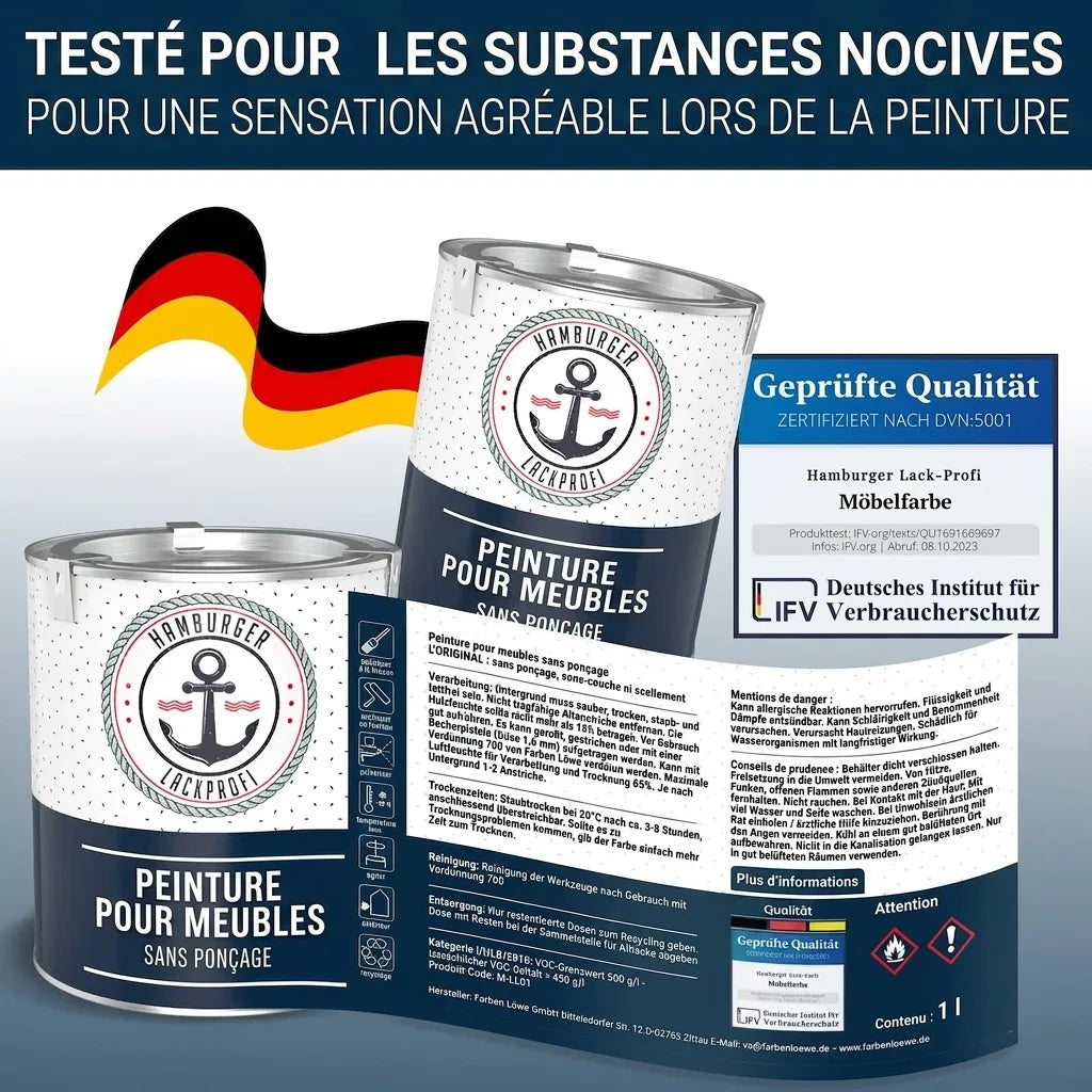 Peinture meubles Hamburger Lack-Profi, testée sans substances nocives, sans ponçage, infos produit et sécurité.