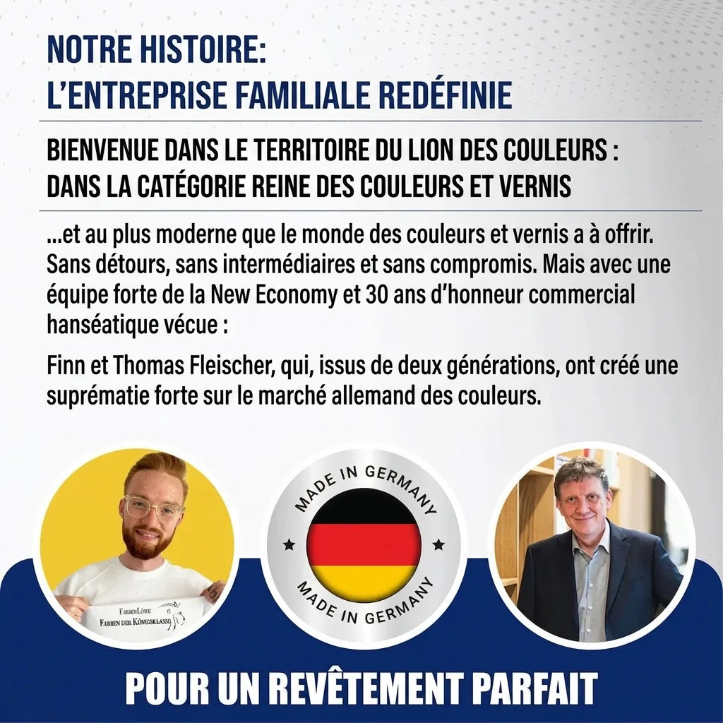 Affiche allemande: histoire d'une entreprise familiale de peintures, ses fondateurs Finn et Thomas, et qualité Made in Germany.