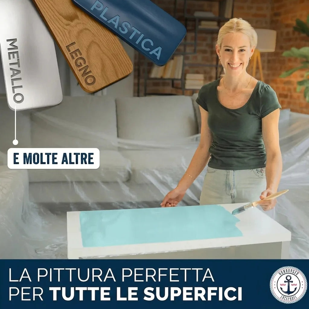 Donna sorridente dipinge un tavolo. Vernice perfetta per metallo, legno, plastica e molteplici superfici.