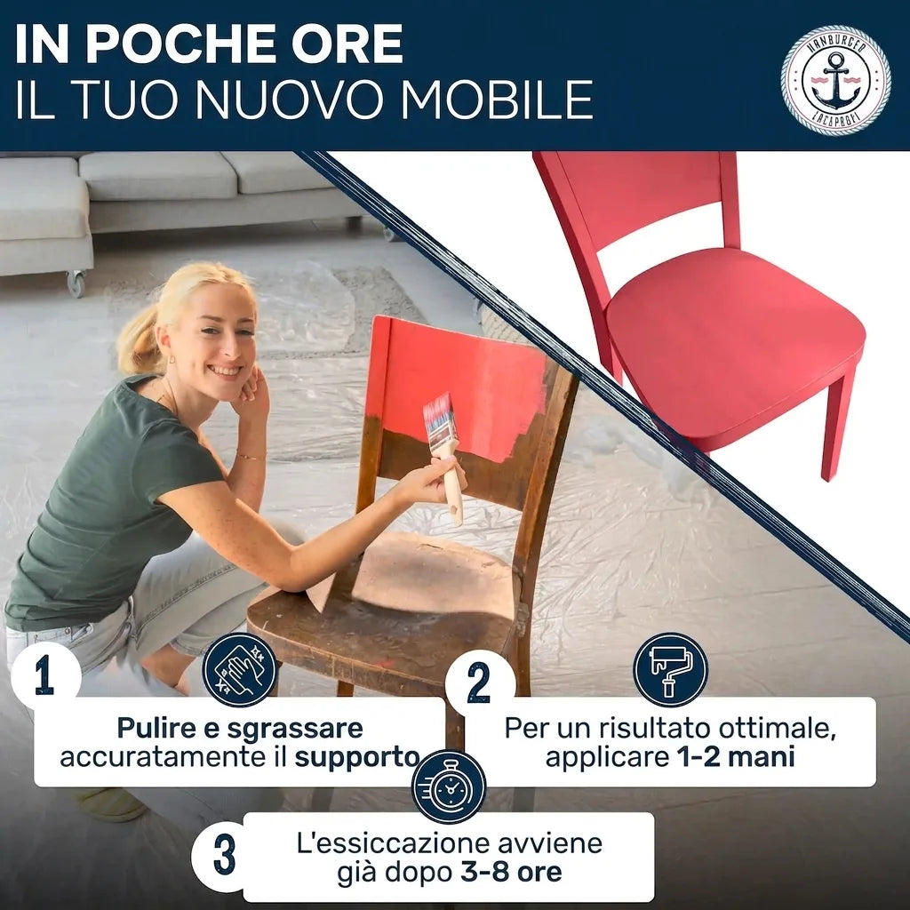 Donna che dipinge una sedia in legno di rosso, mostrando il risultato finale e i passaggi di applicazione.