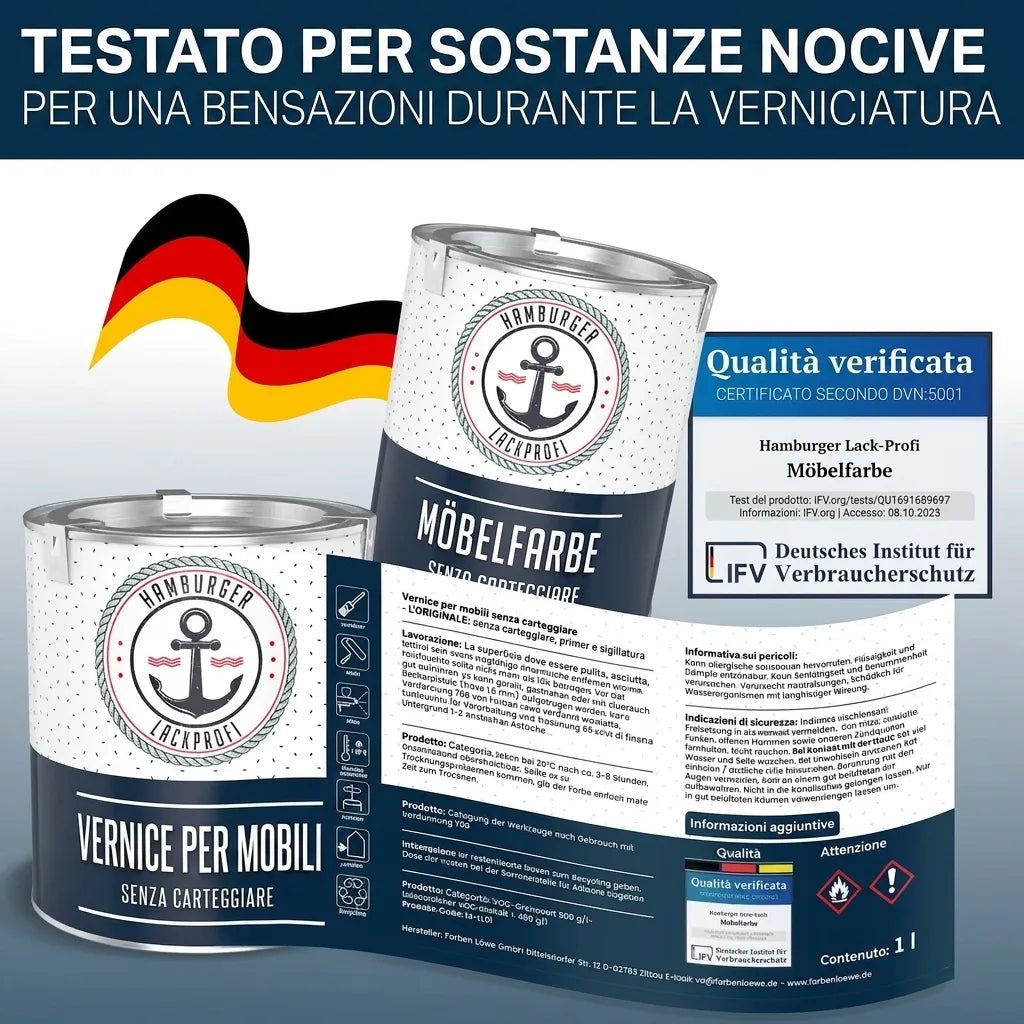 Vernice per mobili senza carteggiatura, testata contro le sostanze nocive con sigillo di qualità tedesco.