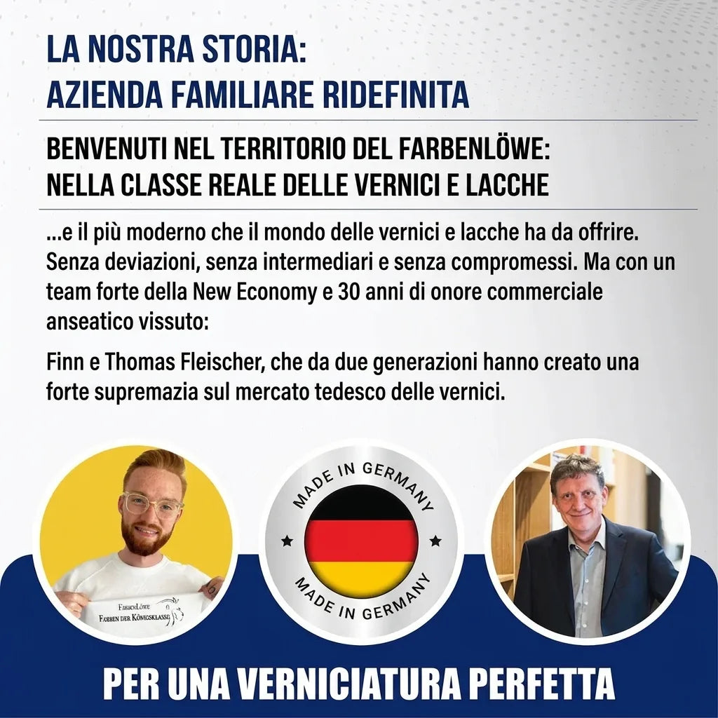 Farbenlöwe: La nostra storia, azienda familiare di vernici ridefinita. Due uomini e il marchio Made in Germany.