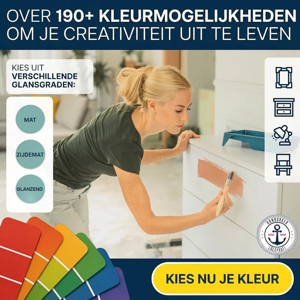 Vrouw schildert kastje. Meer dan 190 verfkleuren en glansgraden zoals mat, zijdemat en glanzend.