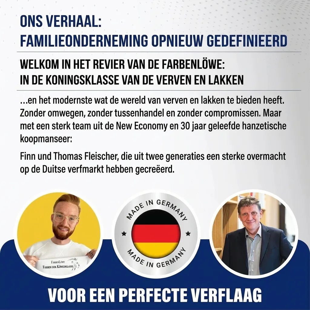 Familiebedrijf dat verf en lak herdefinieert, met foto's van Finn en Thomas Fleischer, en 'Made in Germany'.