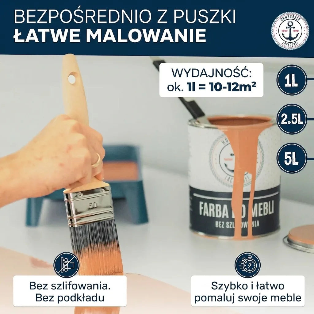 Osoba malująca meble. Puszka pomarańczowej farby do mebli. Tekst: Bez szlifowania i gruntowania, wydajność ok. 1L/10-12m².