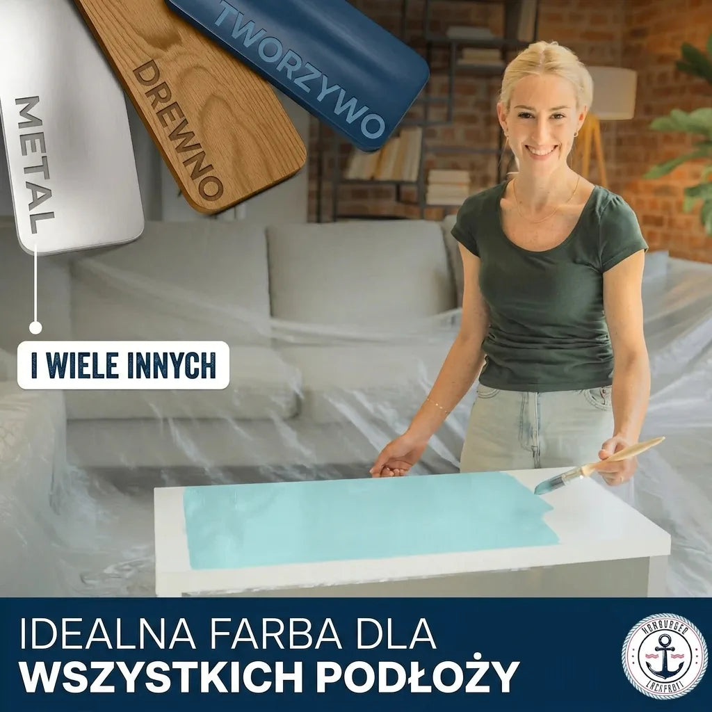 Kobieta maluje stół. Idealna farba do wszystkich powierzchni: metalu, drewna, plastiku. Wiele zastosowań.
