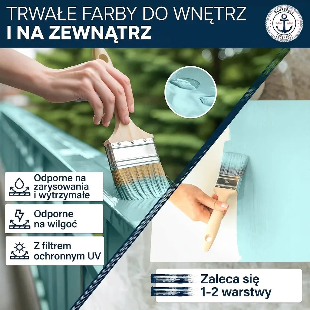 Trwała farba do wnętrz i na zewnątrz: odporna na zarysowania, wilgoć, z filtrem UV. Zalecane 1-2 warstwy.