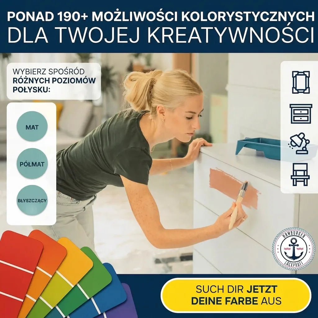 Kobieta malująca komodę, paleta kolorów, opcje połysku i ikony mebli. Wybierz swój kolor farby.