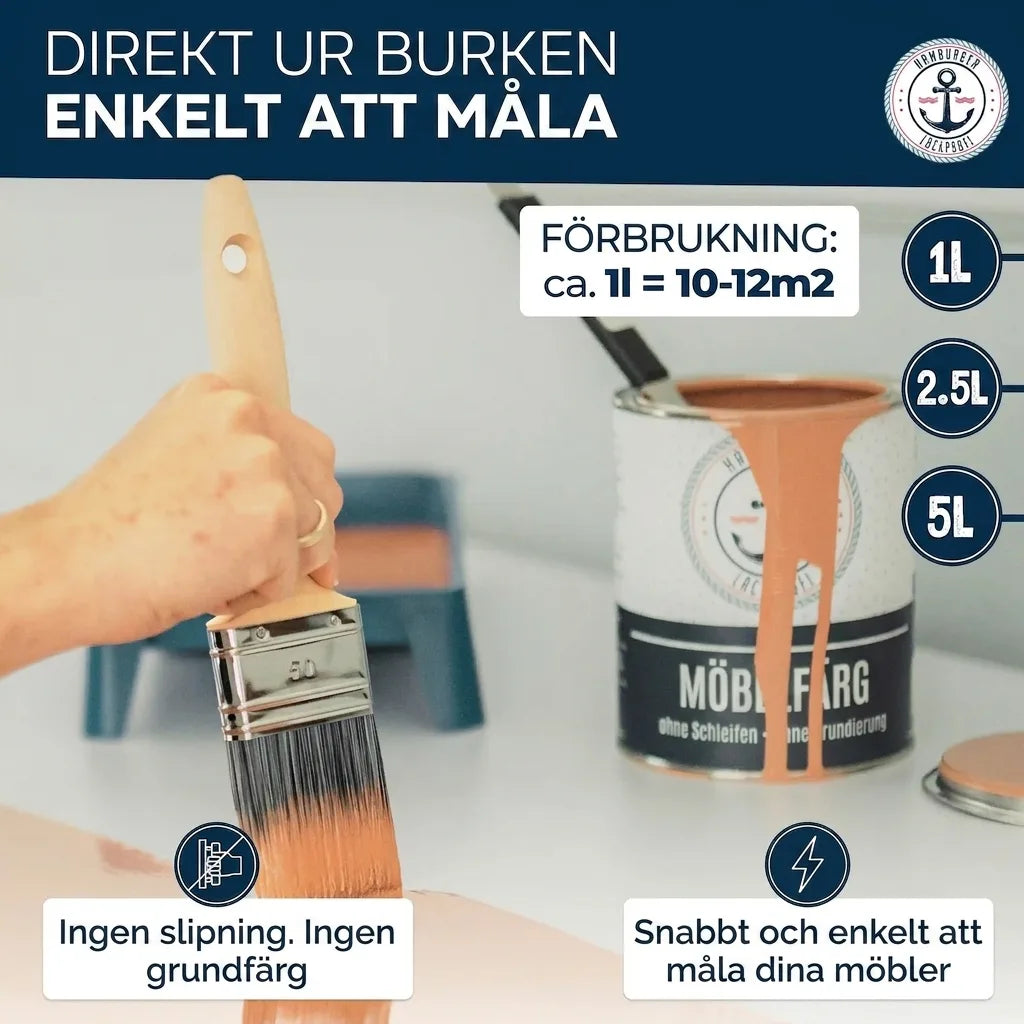 Hand målar möbler med pensel och färgburk. Enkel möbelfärg utan slipning, ingen grundfärg behövs. 1L täcker 10-12m².