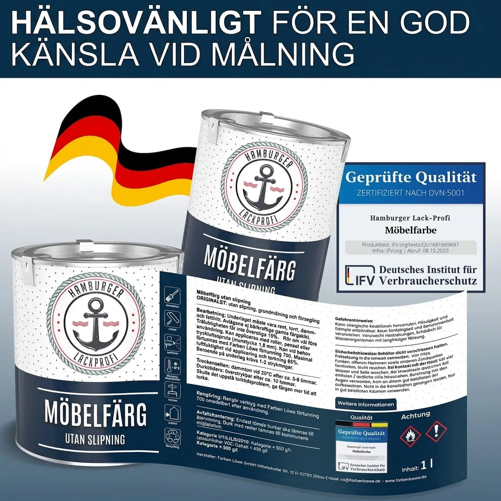 Föroreningstestad möbelfärg från Hamburger Lack-Profi med certifierad kvalitet och detaljerad produktinfo.