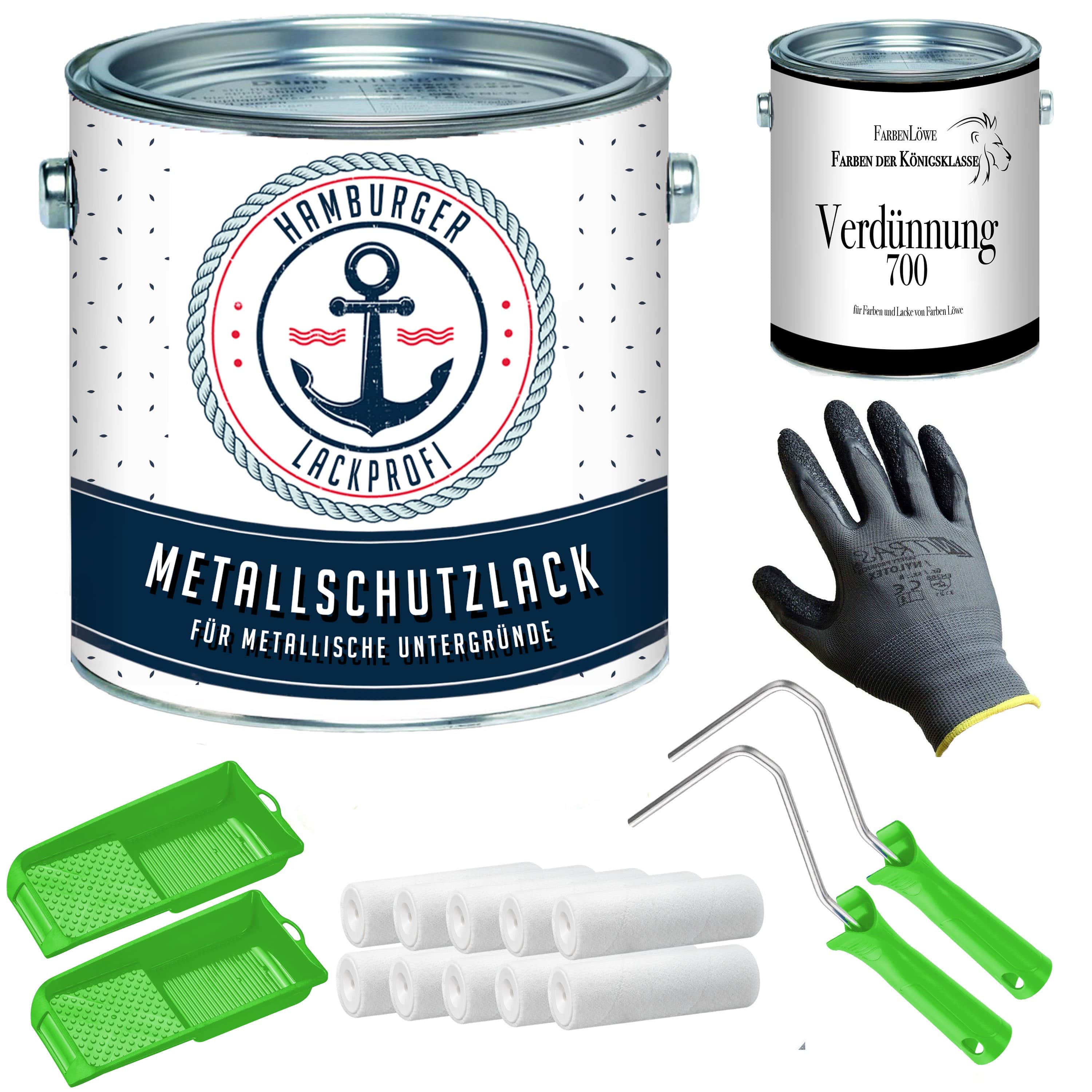 FARBENLÖWE Lacke & Beschichtungen Hamburger Lack-Profi Metallschutzlack in Schwarzbraun RAL 8022 mit Lackierset (X300) & Verdünnung (1 L) - 30% Sparangebot